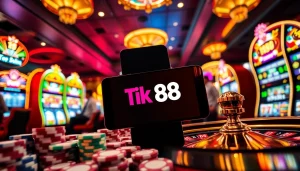 Người chơi cá cược tương tác với ứng dụng Tik 88 trên điện thoại thông minh giữa bầu không khí sòng bạc đầy phấn khích.