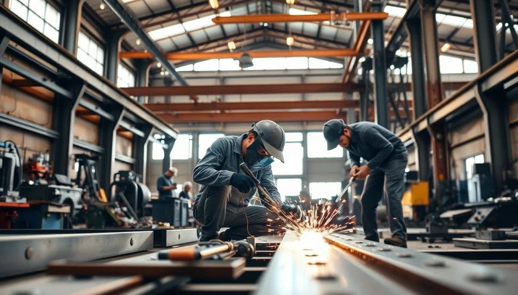 Steel fabricators near me performing skilled metal fabrication tasks in a vibrant workshop.