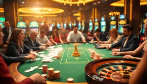 Players enjoying an exciting game at the Go8 casino table with stylish chips and cards.