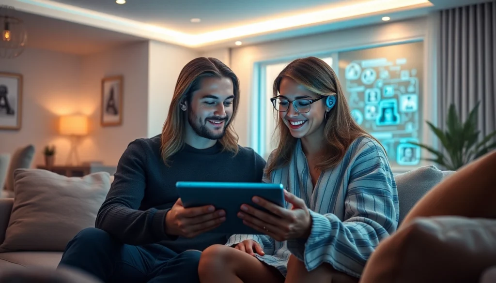 Couple engaging with an AI chatbot in a cozy, modern living room, exploring sex AI interactions.