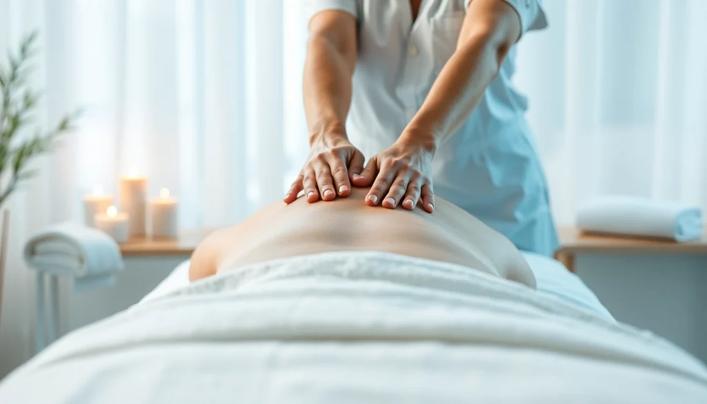 마사지 치료가 이루어지는 편안한 환경에서 마사지사의 기술적인 움직임을 보여줍니다.