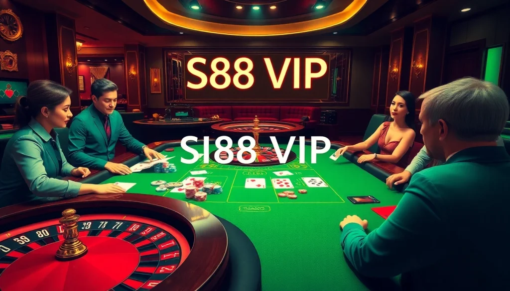 Experience the exhilarating action at an S88 VIP casino table, where players enjoy poker and roulette in luxury.