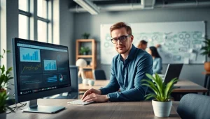 Team collaborating to sell premium content links in a modern office environment.