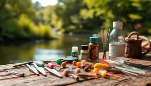 Showcasing fly fishing accessories like nippers and floatants on a rustic table.