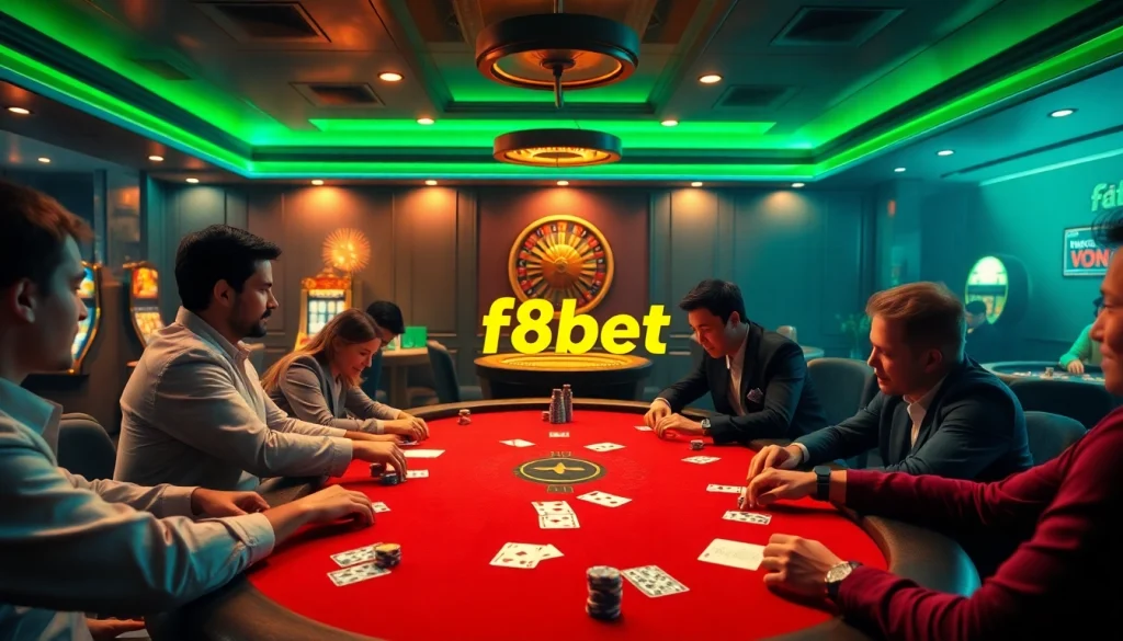 Exciting poker game at f8bet casino table with vibrant chips and cards in action.