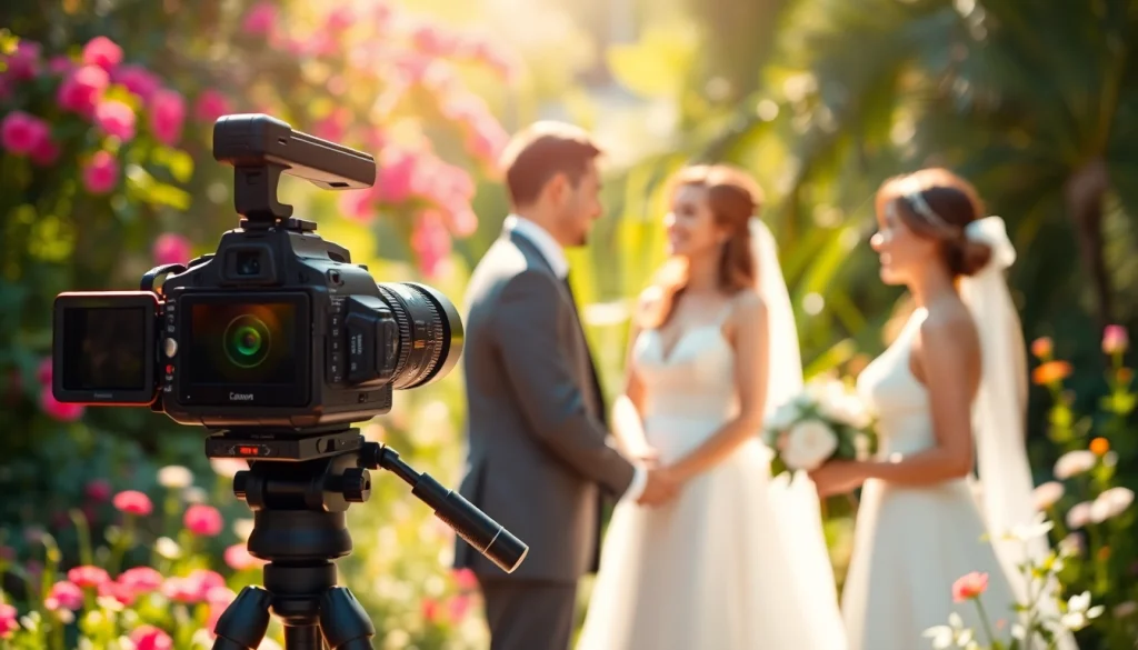 Videographer capturing a couple’s wedding moment in a bright, garden setting.