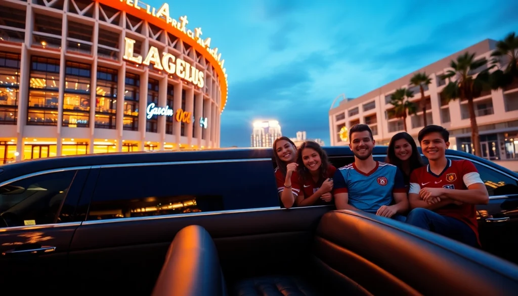 World Cup Group Transportation in a luxury limousine outside a stadium with excited fans.