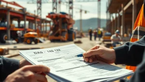 Contractor completing the DAS 142 form amidst a busy construction site.