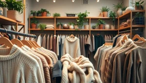 Showcase handcrafted artisanal clothing from https://www.ound-ound.com in a cozy boutique display.