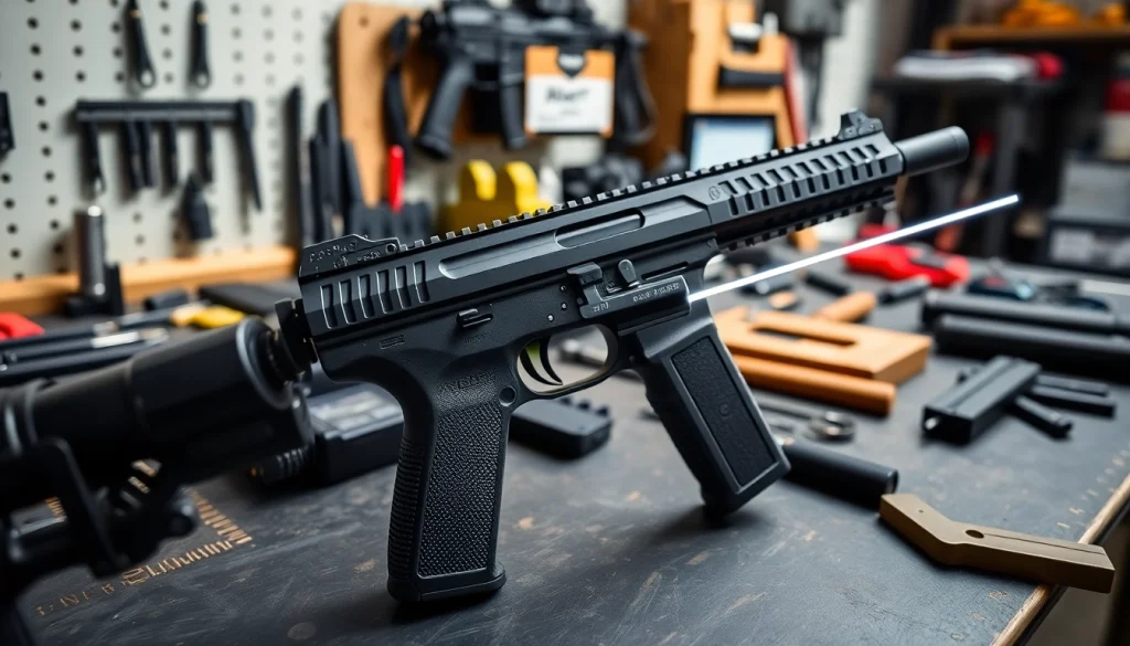 Showcase of pf940sc pf940c lazer mounted on a polymer 80 pistol frame on a workbench.