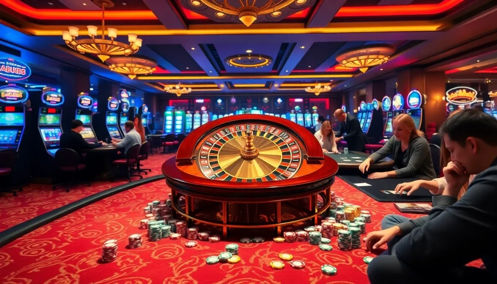 Babu88 players enjoying a thrilling game at a luxurious casino with roulette and poker tables.