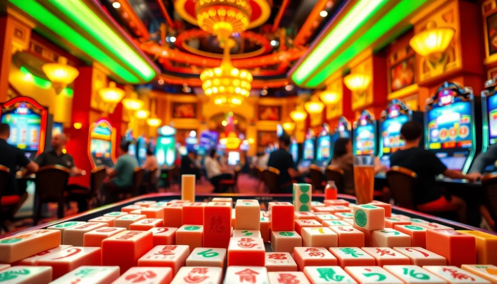 Menampilkan permainan slot mahjong yang menarik dengan pemain berpartisipasi dan suasana yang cerah.