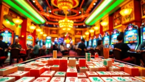 Menampilkan permainan slot mahjong yang menarik dengan pemain berpartisipasi dan suasana yang cerah.