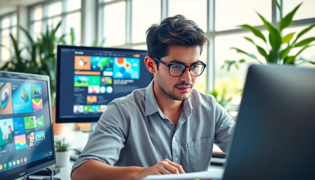 Engaging web design edmonton process with a designer showcasing colorful website layouts in a bright office.