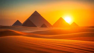 Discover the Great Pyramids of Giza, showcasing pyramids bathed in sunset light against a desert backdrop.