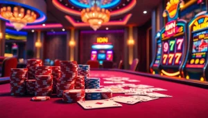 IDN Slot 777 gaming table with vibrant casino chips and tension-filled poker cards.