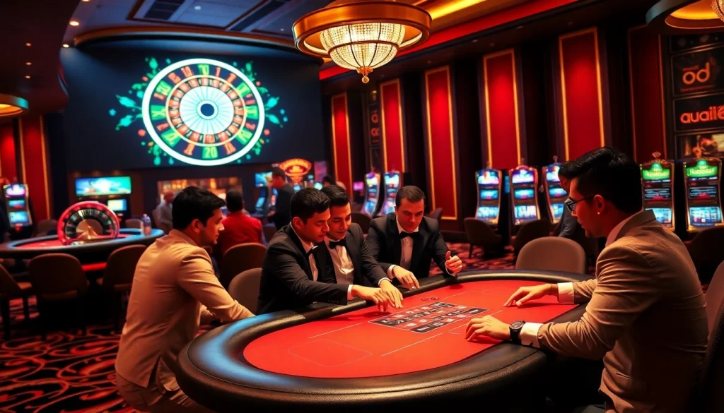Exciting casino scene at MM88 featuring intense poker games and elegant slot machines.