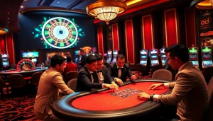 Exciting casino scene at MM88 featuring intense poker games and elegant slot machines.