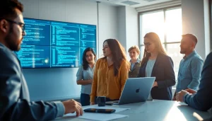 Collaborators leveraging AI Software for innovative solutions in a bright, modern office setting.