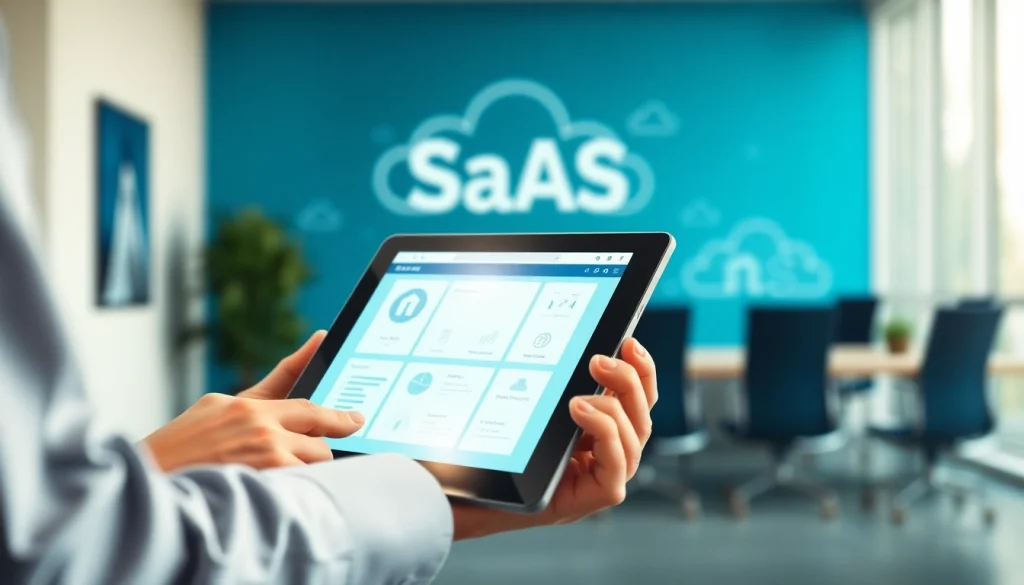 Interactive SaaS application on a tablet showcasing a modern office environment.