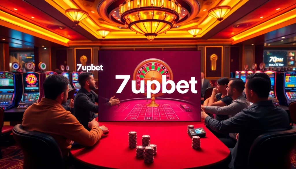 Players engaged at a poker table in a casino with 7upbet prominently displayed.