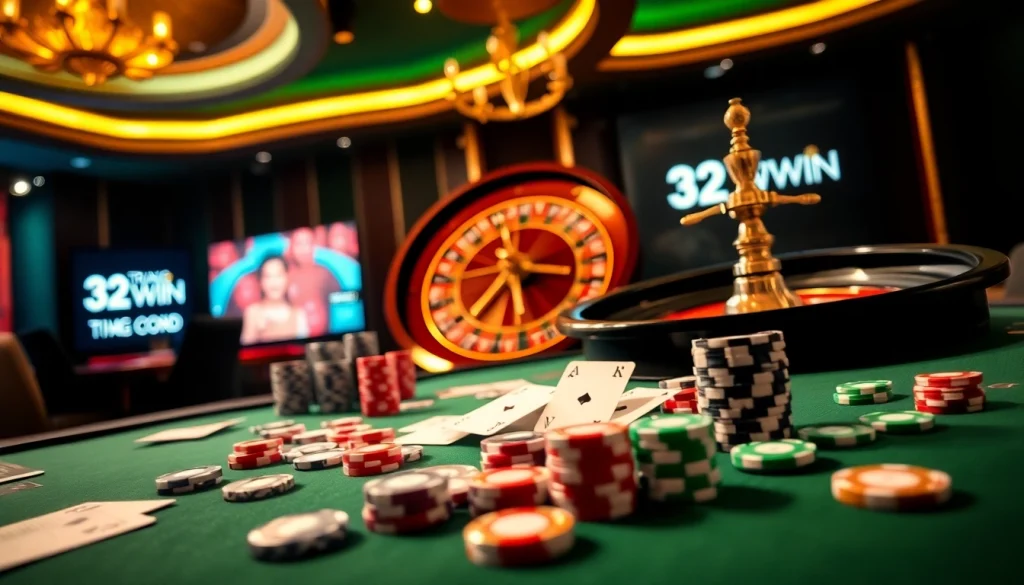 Experience the luxury of gambling at Trang chủ 32WIN with engaging casino tables, cards, and roulette wheels.