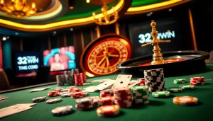 Experience the luxury of gambling at Trang chủ 32WIN with engaging casino tables, cards, and roulette wheels.