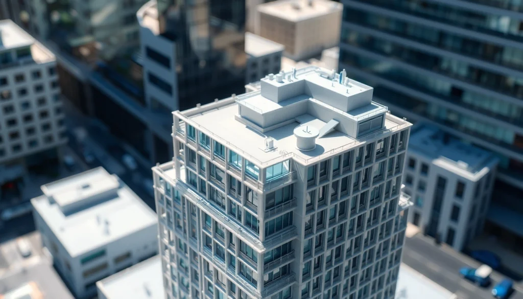 Architekturmodellbau Hannover mit einem detaillierten Modell eines modernen Gebäudes in einer urbanen Umgebung.