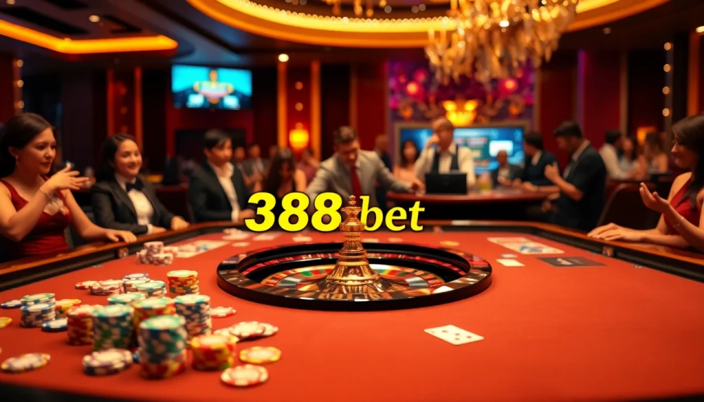 Players engaging with the luxurious 388bet casino table, emphasizing high-stakes excitement.