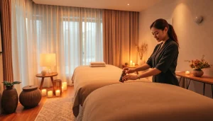 Premium 출장안마 service in a tranquil home setting with a professional therapist preparing for a massage.