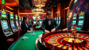 RR88 players enjoying an exciting casino experience at a roulette table with vibrant decor.