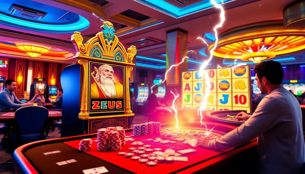 Permainan seru yang menampilkan mesin slot Zeus dikelilingi oleh aksi kasino yang penuh warna.