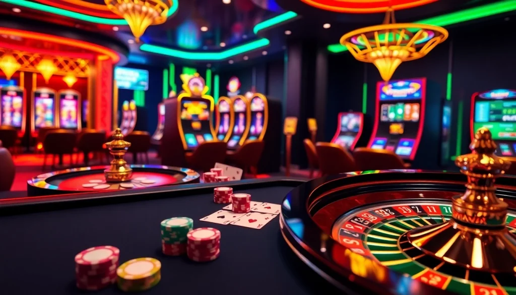 S8 casino scene with poker chips, cards, and a roulette wheel showcasing vibrant online gambling.