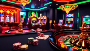 S8 casino scene with poker chips, cards, and a roulette wheel showcasing vibrant online gambling.