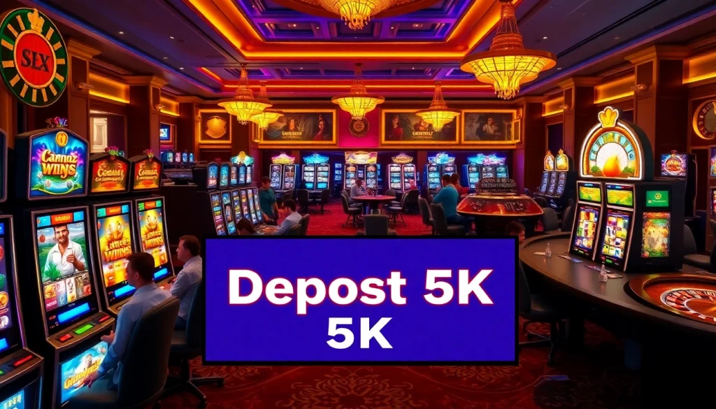 Experience situs deposit 5k excitement with vibrant slot machines and engaging players in a luxurious casino setting.