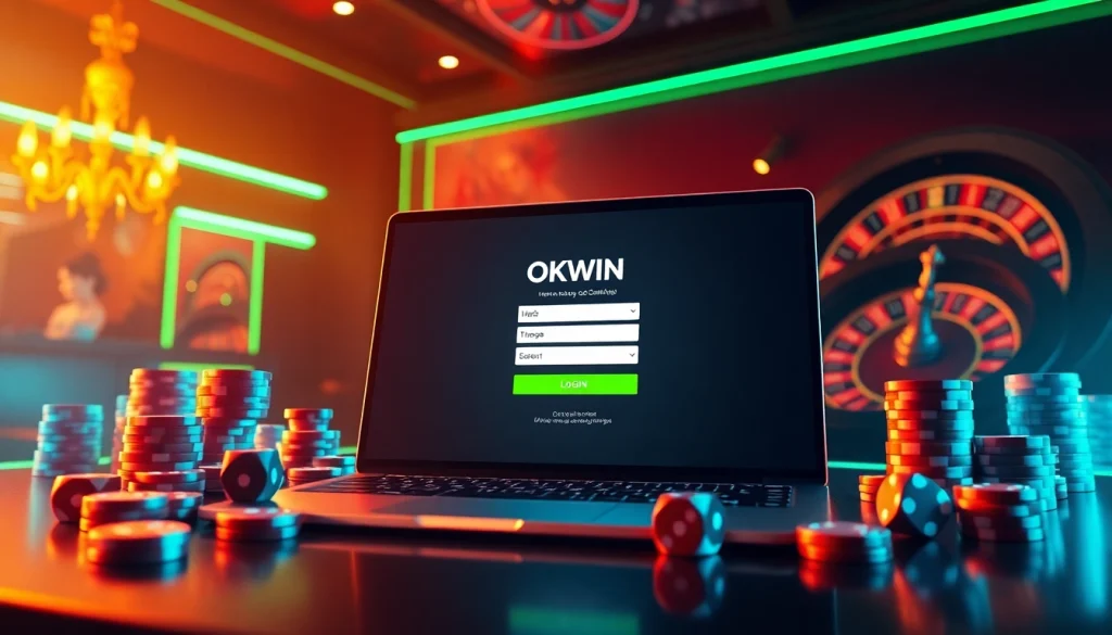 Login to OKWIN ĐĂNG NHẬP amidst a lively casino-themed scene featuring poker chips and roulette.
