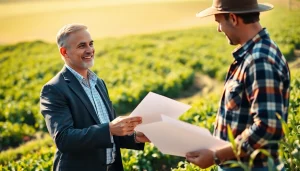 Engaging agriculture lawyer advising a farmer in a serene farm setting.