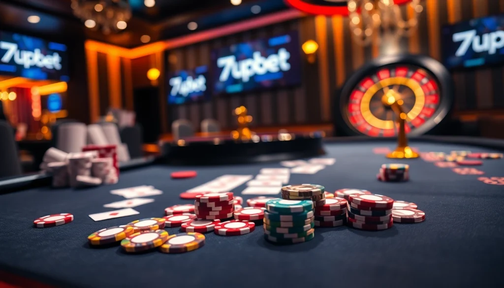 Experience the thrill of 7upbet with an engaging casino scene featuring poker chips and a roulette wheel.