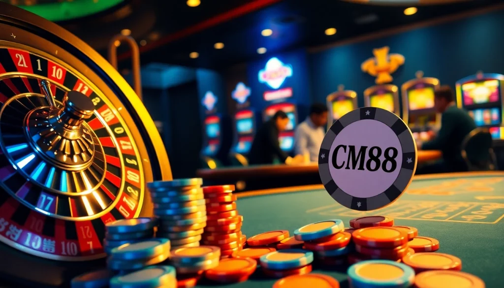 Exciting gaming scene showcasing poker chips and roulette wheel, featuring CM88 connections.