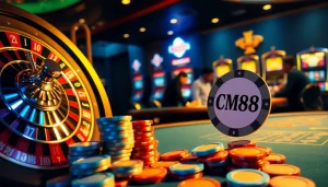 Exciting gaming scene showcasing poker chips and roulette wheel, featuring CM88 connections.