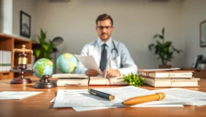 Agriculture lawyer reviewing legal documents in a professional office.