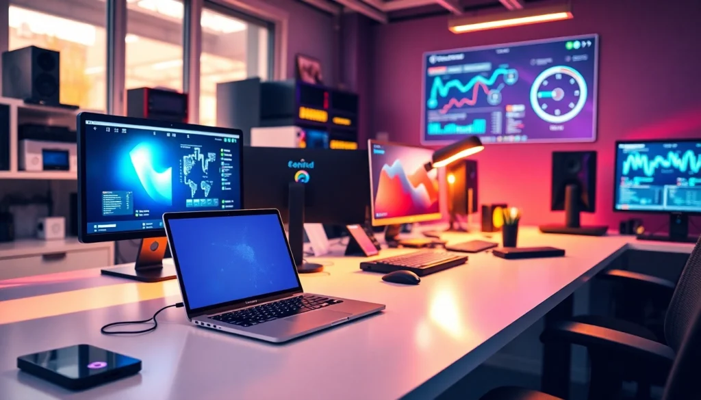 zirvegrupbilgisayar ofisinde modern teknoloji cihazları ve dinamik bir çalışma ortamı.