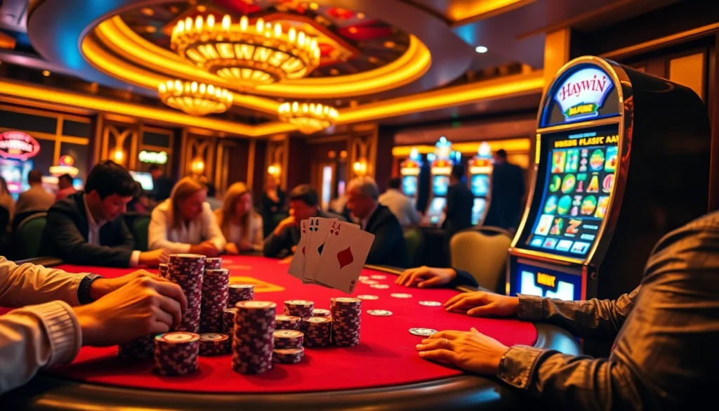 Experience Haywin's thrilling poker action with vibrant chips and winning hands in a luxurious casino.