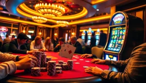 Experience Haywin's thrilling poker action with vibrant chips and winning hands in a luxurious casino.