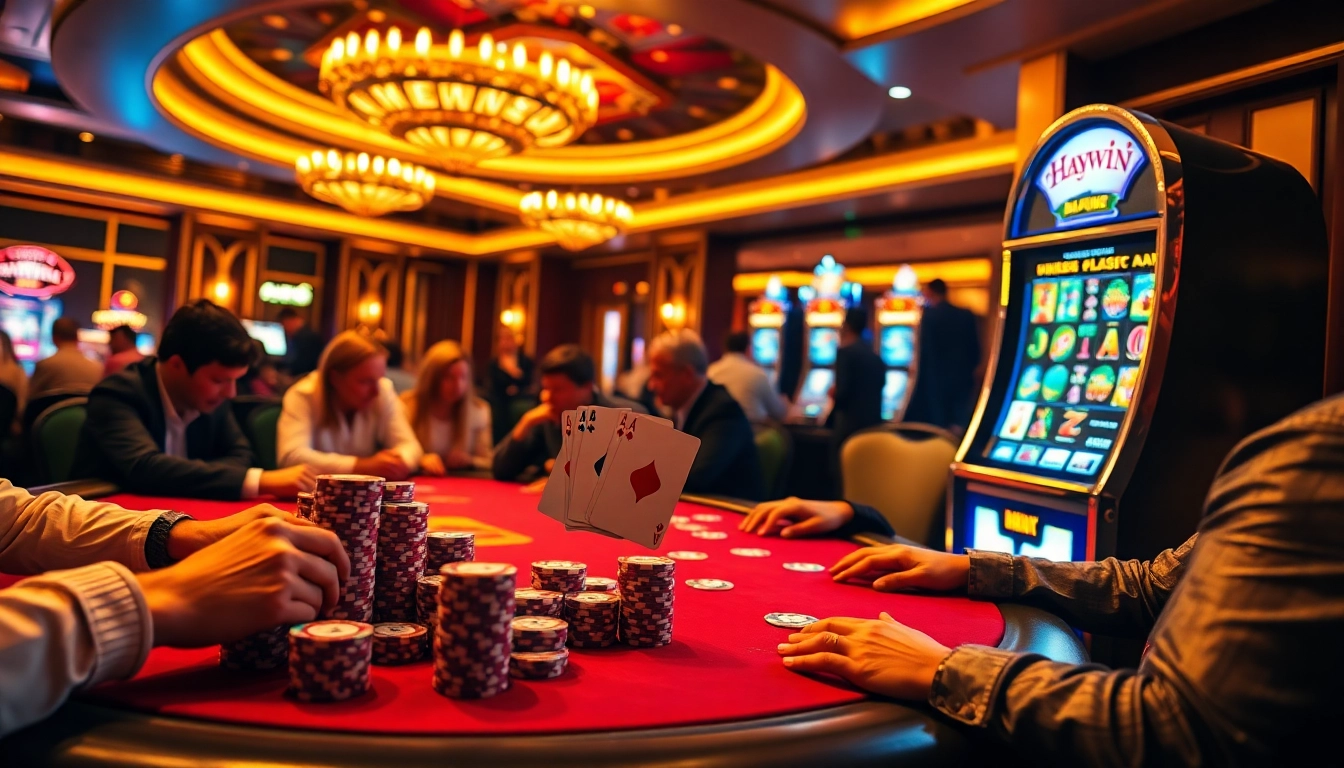 Experience Haywin's thrilling poker action with vibrant chips and winning hands in a luxurious casino.