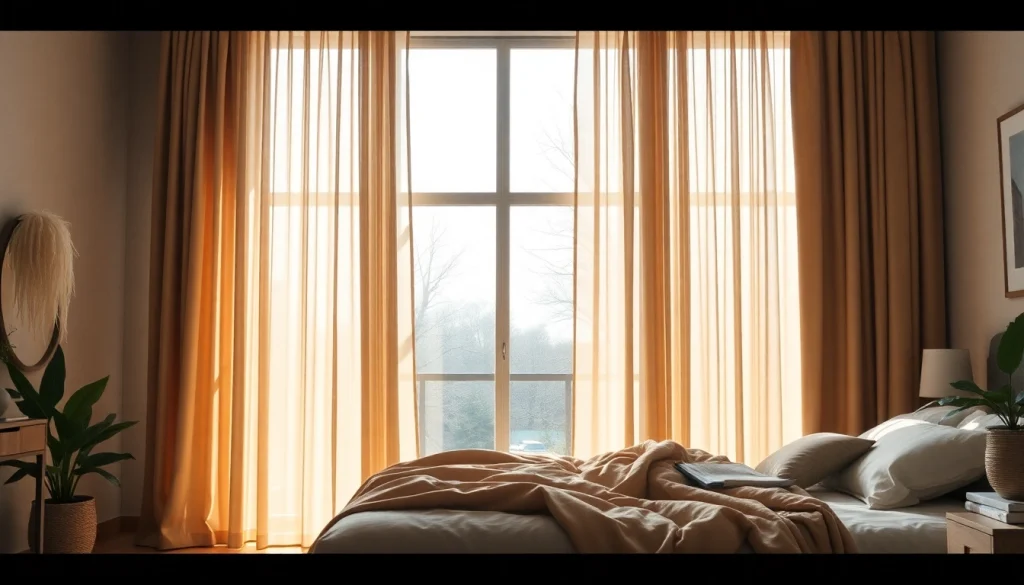 Ontdek verduisterende gordijnen in een moderne slaapkamer met warme, natuurlijke kleuren.