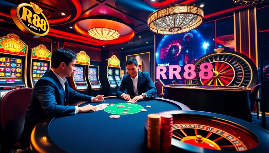 RR88 casino scene featuring intense poker gameplay with vibrant chips and cards.