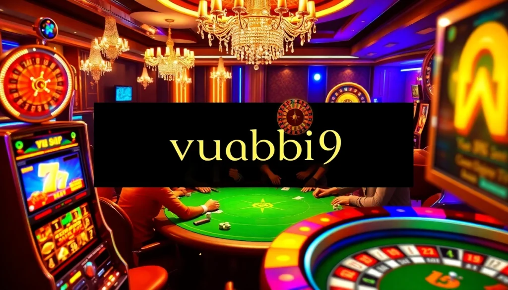 Players strategizing at a high-stakes poker table with vuabai9 branding in a luxurious casino setting.