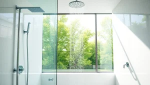 Experience a refreshing sunny shower with elegant fixtures in a bright bathroom setting.