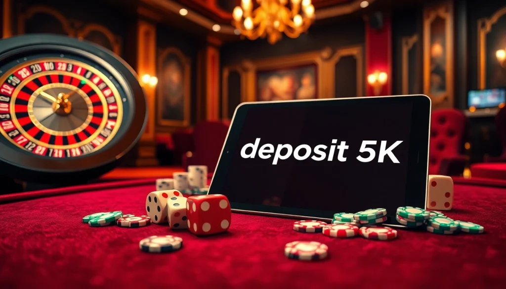 Situs deposit 5k direpresentasikan melalui adegan kasino mewah yang menampilkan roulette, chip kasino, dan antarmuka permainan digital.